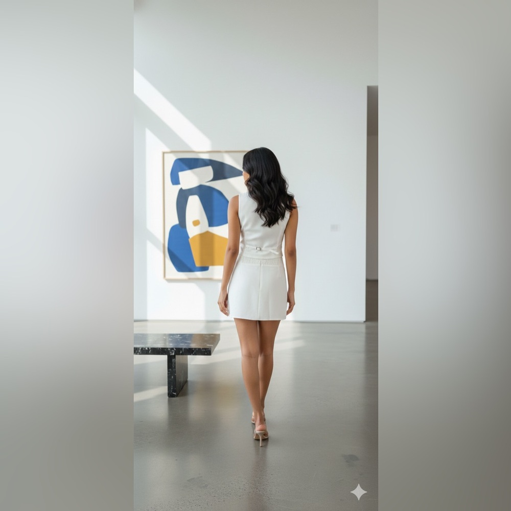 (RN170785-WHT) SOLID BUTTON-UP VEST AND MINI SKIRT SET - Picture 2 of 6